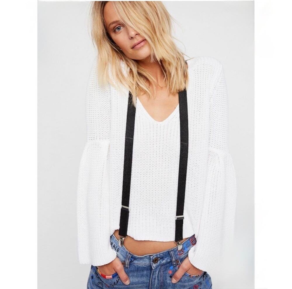 Free People White Damsel Bell Sleeve Sweater Medium V Neck Ribbed Knit